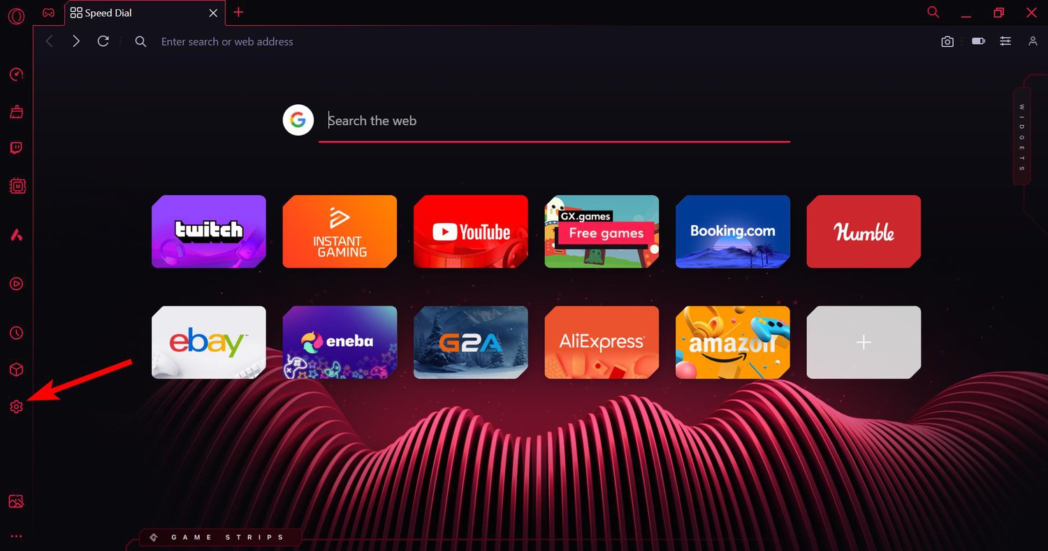 Opera GX home screen with Settings gear icon on the left side