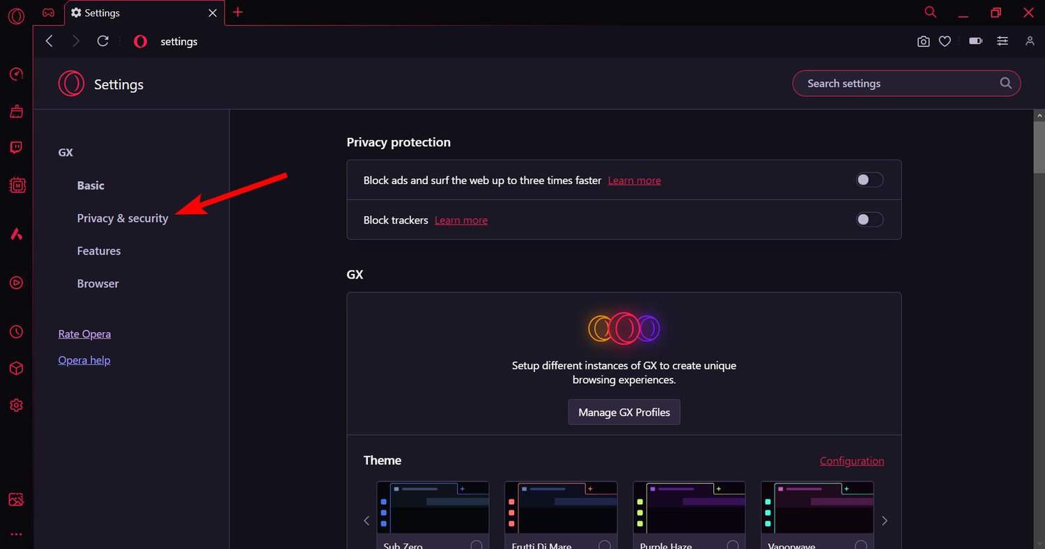 Opera GX settings page with Privacy & security option