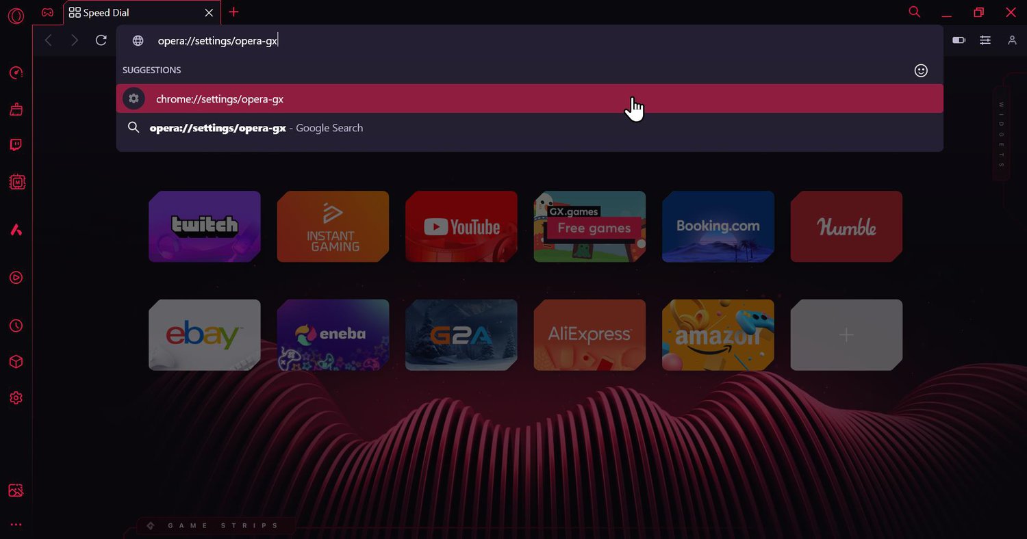 Opera GX with "opera://settings/opera-gx" path on address bar