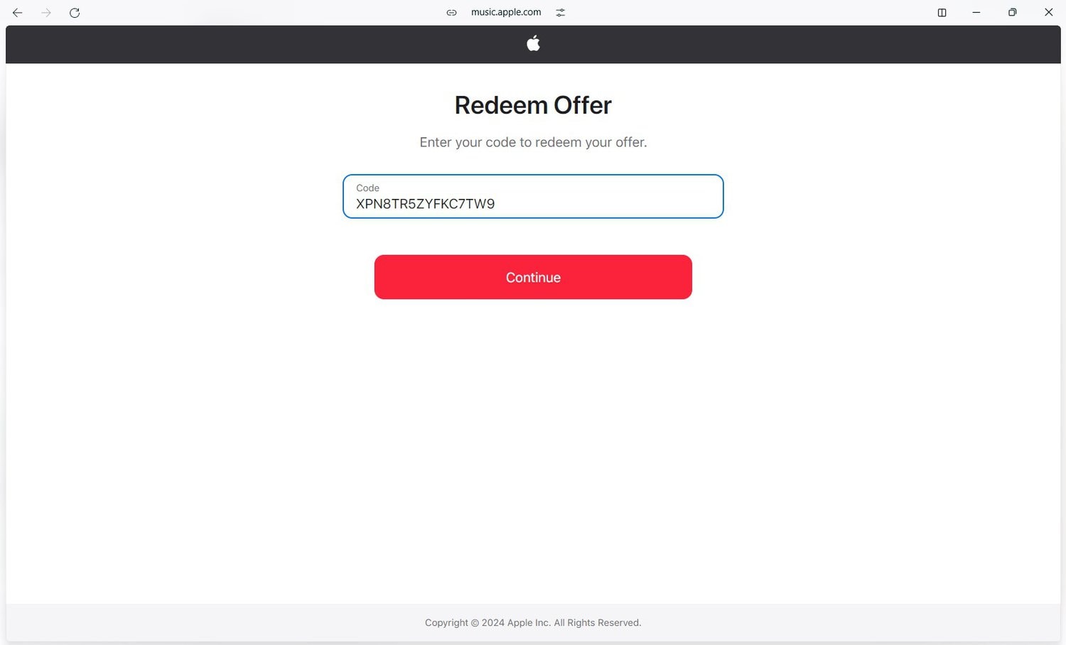 Entering the code into Apple Music