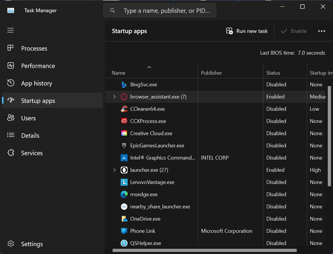 Startup apps in Task Manager with Opera GX or similar term selected