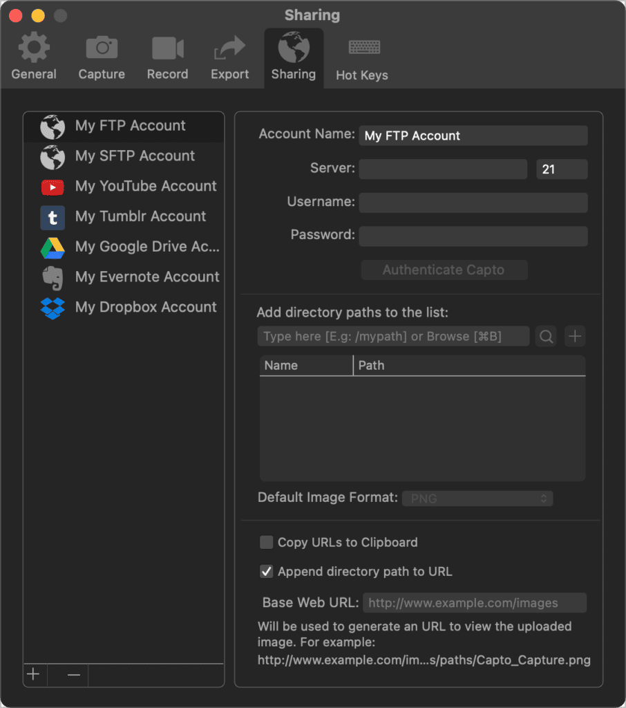 Capto FTP SFTP and other account options
