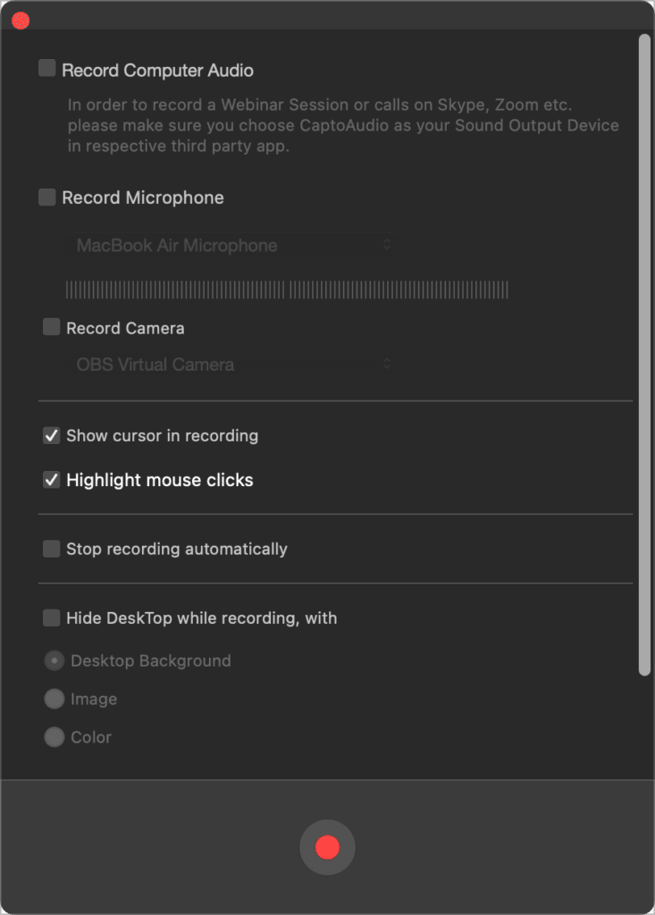 Capto Video Recording options