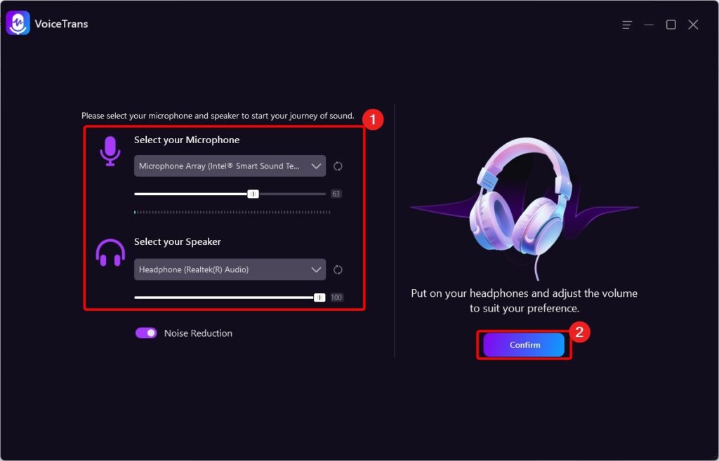 Confirming mic and speaker levels on VoiceTrans