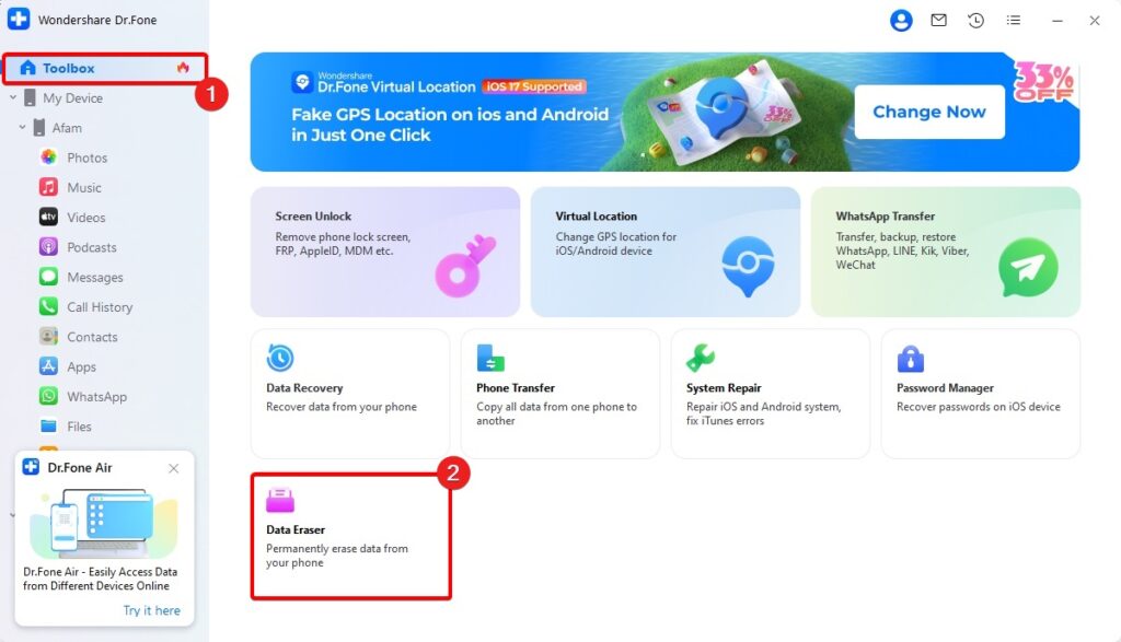 Dr Fone data Eraser option