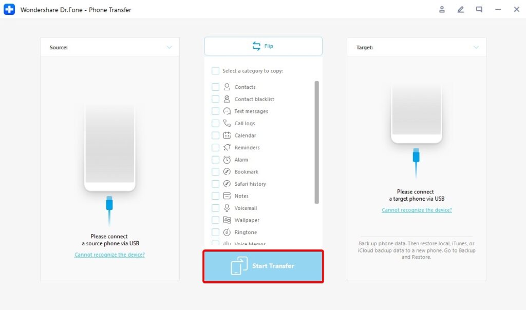 Start Phone Transfer on Dr Fone