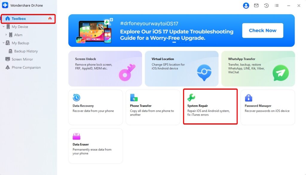 System repair option on Dr.Fone