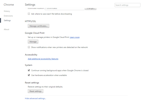 reset settings in chrome