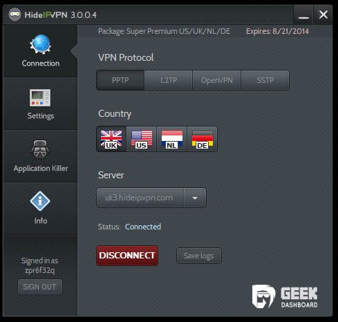 HideIPVpn connected