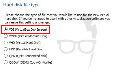 Select Hard disk file type as VDI