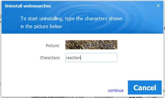 uninstall webssearches from control panel 